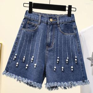 Damen-Shorts, Nagelperlen, Quasten, Denim, Jean, Damen, 2024, modisch, lässig, weites Bein, Cowboy-Knopf, Reißverschluss, elastische Taille, kurze Hosen