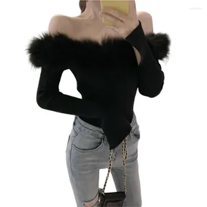 Women's Sweaters Casual Long Sleeve Boat Neck Knit Shirt Off Shoulder Pullover Sexy Going Out Tops Tight Shirts