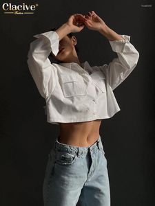 Women's Blouses Clacive Fashion Lapel Long Sleeve Blouse Sexy White Crop Shirts Streetwear Cotton Pocket Tops Female Clothing 2024