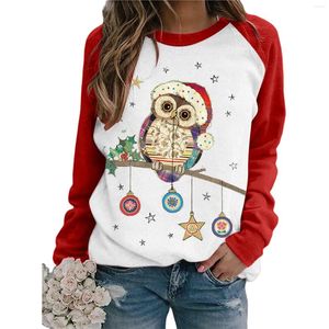 Mulheres Camisetas 2024 Retro Bonito Coruja Imprimir Mulheres T-shirt Natal Manga Longa Raglan Tops Mulher Roupas O Pescoço Vintage Camiseta Femme