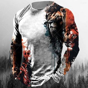 Homens camisetas Vintage Algodão Animal Camisa para Mens Queda Roupas Leão Gráfico Vestuário Streetwear Oversized Manga Longa Tops Masculino Tees