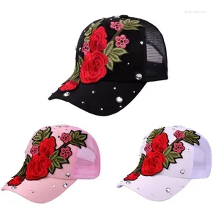 Bonés de bola moda chapéu ajustável flor rosa strass denim boné de malha de beisebol