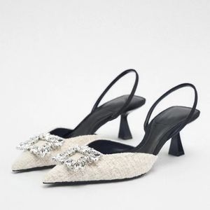 Kvinnor Shiny Rhinestone Slingback Fashion Woman Heel High Shoes Summer White French Temperament Pointed End Thin Heel Pumps 240125