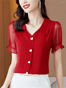 Kvinnors blusar Kvinnor Spring Summer Style Chiffon Topps Lady Casual Short Sleeve Turn-Down Collar Solid Color Blusa DF4423