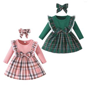 女の子のドレスPudcoco Baby Bady Bady Dress Christmas Christmas Christmas Plaid Patchwork Crew Crew Long Sleeve Fall Casual Princess Headband 3M-3t