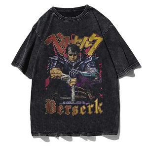 メンズTシャツBERSERK Tシャツアニメヴィンテージウォッシュテシャツ100％コットングラフィックプリント短袖レトロヒップホップストリートウェアメンズテーティートップス