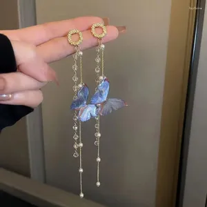 Studörhängen blå kristallpärlfjäril tassel länge för kvinnor koreanska överdrivna mode örhänge födelsedagsfest smycken gåva