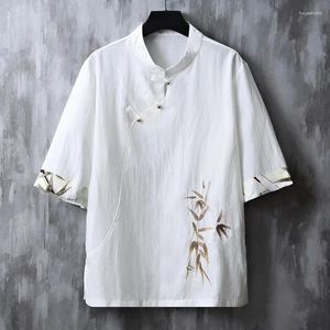 メンズTシャツチャイニーズラウンドボタンリネンTシャツ夏5部構成のスリーブタングシャツルース大きなヤードトップ日本の着物