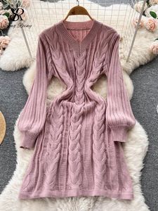 Casual Dresses SINGREINY Women Retro Solid Sweater Dress V Neck Hemp Floral Long Sleeve French Style 2024 Winter A Line Slim Knitted