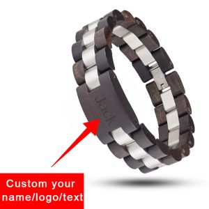 Pulseiras dodo cervos gravar pulseira de texto personalizada para homens masculino privado pulseira de madeira personalizada joias ébano zebra em caixa de presente