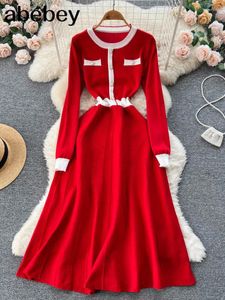 Sıradan elbiseler kadınlar uzun örgü kırmızı süveter elbise sonbahar kış örme pilili kalın Noel kazak parti vestidos