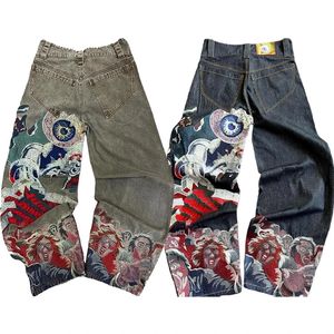 Harajuku y2k gotik kot pantolon yüksek kaliteli nakış desen estetik erkek kadınlar bol kot pantolon vintage moda gündelik geniş bacak kotları 240131