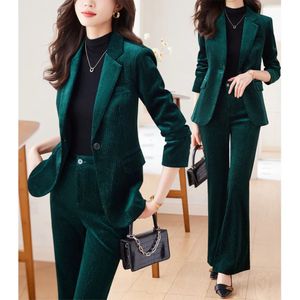 Mulheres elegantes conjuntos de terno de veludo pantsuit único botão blazer calças flare sólido formal jaqueta de negócios 2 peça para senhora do escritório 240127