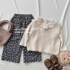 Clothing Sets 2024 Autumn Kids Baby Girls 3PCS Clothes Set Cotton Ribbed Tops Knitted Vest Floral Wide Leg Pants Suit Toddler Outfits