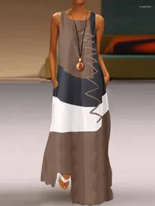 فساتين غير رسمية Zanzea 2024 خمر اللون خياطة Maxi Dress Women's Summer Sundress Tank Vestidos Female O Neck Robe Femme