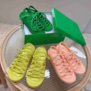 sandali donna Pantofole di paglia Cross Lace Up Sandali in gomma Falt Pelle rigenerata verde rosa giallo Sandalo con plateau moda q890 #