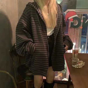 Harajuku Retro Çizgili Fermuar Hoodie Kadınlar için Sonbahar İlkbahar Uzun Kollu Büyük Boyutlu Spor Gömlek Güney Kore Grunge Emo Alt Street Giyim 240131