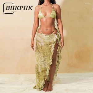 Abiti da lavoro BIIKPIIK Set da 3 pezzi per le vacanze da donna sexy Stampa Bikini con volant Fessure Abiti da spiaggia Estetici estivi Stupendi