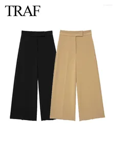 Женские брюки TRAF, осенние элегантные повседневные широкие модные брюки с высокой талией и боковым карманом на молнии, однотонный костюм