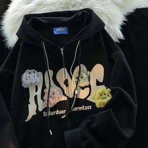 Japansk söt tecknad rolig flockad cardigan tröja kvinnlig lata vind lösa hoodies casual mångsidig par långärmare jacka 240129