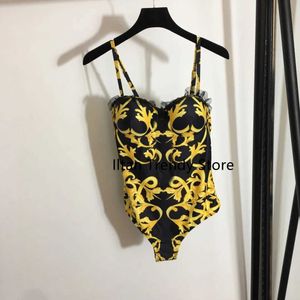 Women's Swimwear Women Sexy Gold Print One-piece Summer Ruffled Swimsuit 2021 New Girl Lace Monokini Swimwear Beach Bathing Suits baadores mujer J240131