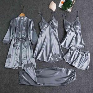 Пижамы женские 5 шт. пижамный комплект атласные пижамы кружево лоскутное свадебное ночное белье вискоза домашняя одежда ночная рубашка костюм 210831273G