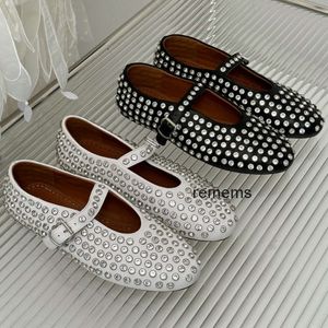 womens formal dress shoes designer shoes summer round head rhinestone flat shoes womens Luxury leather rivet buckle mary jane shoes comfortable ballet single shoes