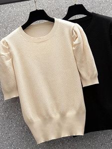 Kvinnors tröjor M-4XL Summer Ice Silk Sticked T-shirt 2024 Kort ärm O Neck Loose Casual Solid Overized Pullover Women Basic Thin