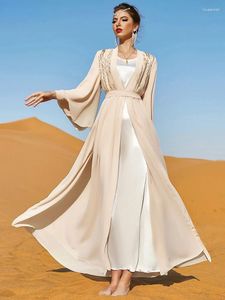 Ethnic Clothing Kimono Abaya Women Vest Dress Beige Double Layer Chiffon Lace Sequin Embroidery Robe Modest Muslim Dresses Dubai Clothes