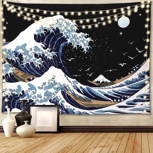Tapisserier Sea Wave Tapestry Black Wall Hanging the Great Waves Fashion Decor för sovrummet vardagsrum japanska