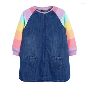 Flickaklänningar Little Maven 2024 Baby Girls Unicorn Denim Dress Gray ärmar Casual kläder Autumn Comfort Frocks för barn 2-7 år