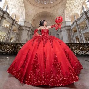 Czerwone, błyszczące sukienki Quinceanera z zdejmowalnymi rękawami Vestido de 15 Anos Suknia balowa meksykańskie dziewczyny Słodka 16 urodzinowa sukienka na przyjęcie urodzinowe