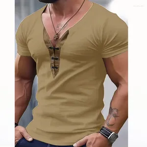 Men's T Shirts Vintage Patchwork V Neck Slim Fit T-shirt Men Summer Casual Short Sleeve Pullover Tops For Mens Clothing Streetwear