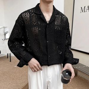 Men's Casual Shirts Luxury Men Transparent Mesh Lace Shirt Fall Long Sleeve Vintage Breasted Collar Fashion Embroidery Mens Streetwear