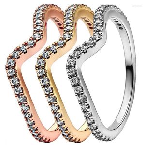 Cluster Ringe Authentischer 925 Sterling Silber Ring Rose Goldener Glanz Funkelnde Welle mit Kristall für Frauen Geburtstagsgeschenk Modeschmuck