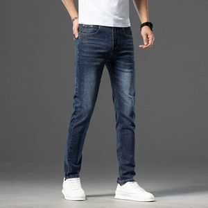 Hong Kong's High-end 2024 Spring New Deep Blue Cotton Jeans for Men's Slim Fit Straight Leg Elastic Casual Long Pants