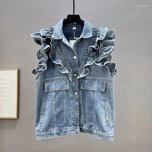 Kvinnors västar våren koreanska vintage ruffles skarvar blå kort denim väst streetwear mode lapel enkelbröst ärmlösa jeans