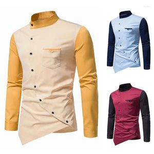 Men's Casual Shirts 2024 Fashion Trend Personalized Oblique Buttons Irregular Contrast Color Splicing Henry Collar Long Sleeve