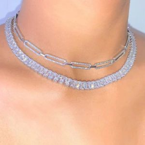 Halsband Ny Iced Out Bling Micro Pave CZ Rectangle Open Link Chain Choker Halsband för kvinnor Gold Rock Hiphop Curb Cuban Chain Necklace