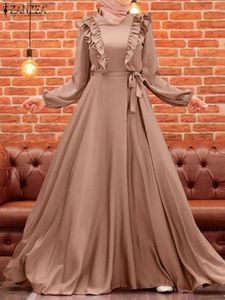 Ethnische Kleidung Elegante Frauen Muslim Maxi Kleid ZANZEA Mode V-Ausschnitt Langarm Satin Sommerkleid Eid Mubarek Ramadan Türkei Abaya Vestidos