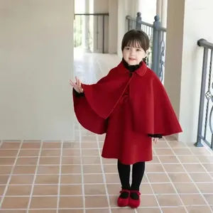 Mädchen Kleider 1-12 Jahre Kinder Kleidung Mode Prinzessin Rot Wolle Mantel Kleid 2 stücke Set Winter Herbst Kinder baby Kragen Cape Bogen