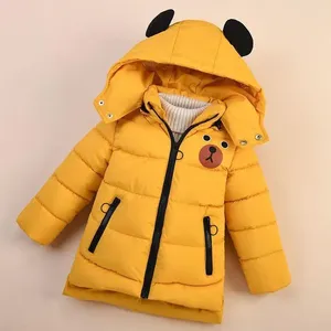 Куртки Зимняя куртка для маленьких мальчиков, однотонная утепленная теплая верхняя одежда с капюшоном и рисунком медведя из мультфильма для детей 1–6 лет, детское пуховое хлопковое пальто