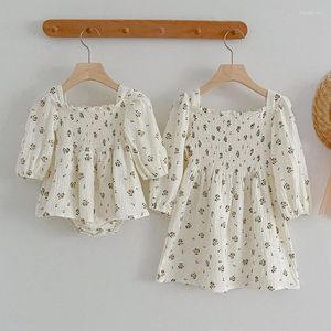 Vestidos de menina estilo europeu americano irmã roupas crianças vestido de princesa bebê meninas macacão de manga comprida algodão impressão outono primavera