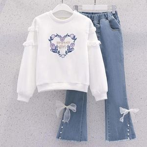 Roupas Conjunto de Jeans de Sweater Spring e Autumn Sweater Girls Set.