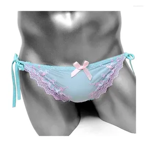 Underpants adorável bonito lolita kawaii princesa laço bordado sissy masculino calcinha lado laço perto sexy gay mens roupa interior breve