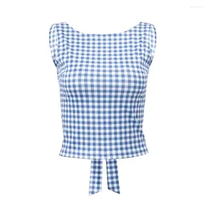 Camisoles & Tanks Blue Checkered Bow Tank Top Simplicity Dacron Strap Slim Fit Backless Vest