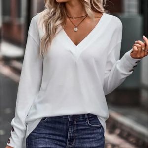 Outono inverno sólido vneck solto manga longa camiseta botão feminino branco casual y2k topos 2023 blusa feminina camisa mujer 240118