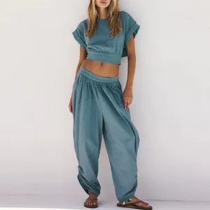 Women's Two Piece Pants 2 Outfits Female Solid Color Loungewears Cropped Tops And Wide Leg Set 2024 Ladies Clothing