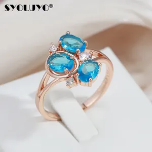 Anéis de casamento syoujyo vintage azul natural zircão anel feminino elegante rosa ouro cor cobre jóias presentes moda menina acessórios