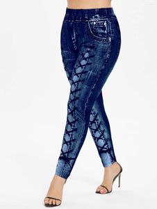 Women's Leggings ROSEGAL Plus Size Casual Skinny Pants Deep Blue High Waisted 3D Denim Printed Faux Demin Lleggings Mujer S-5XL